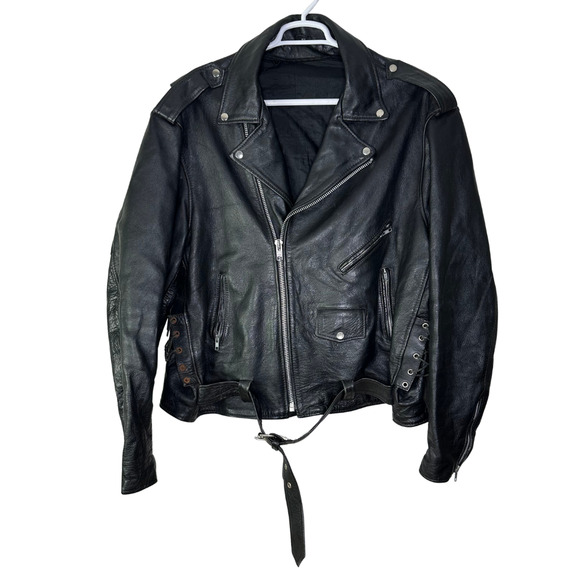 Vintage Motorcycle Black Leather Jacket Mens 3XL 56 Belted Biker
